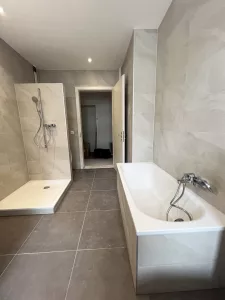 Salle de bain moderne avec douche à l'italienne et baignoire blanche sur carrelage gris, offrant un espace élégant et fonctionnel.